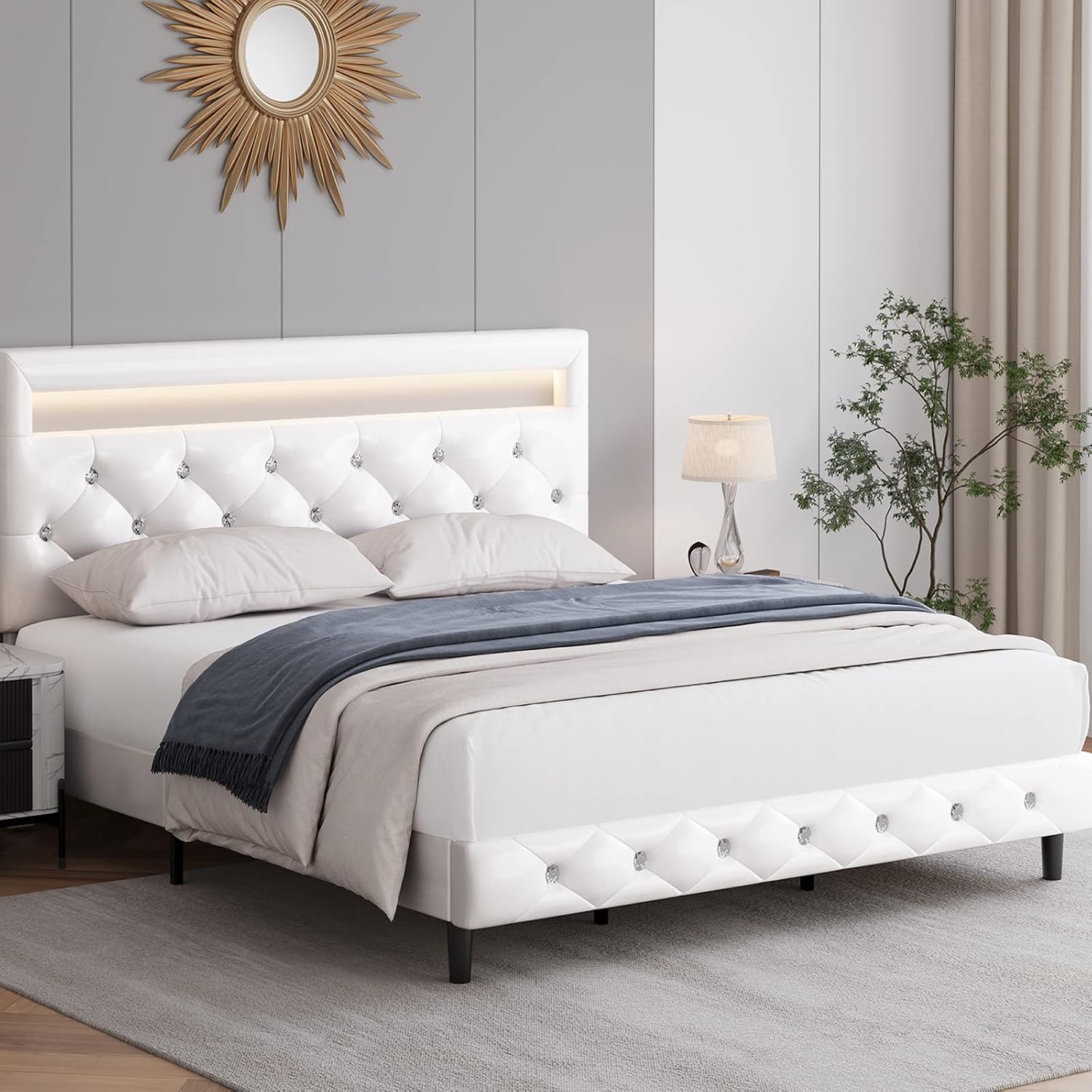 Keyluv Modern Upholstered Full Size Bed Frame with LED Lights, Faux Leather Low Profile Platform Bed Frame, Adjustable Crystal Button Tufted Headboard, Strong Wood Slat Support, Easy Assembly, White