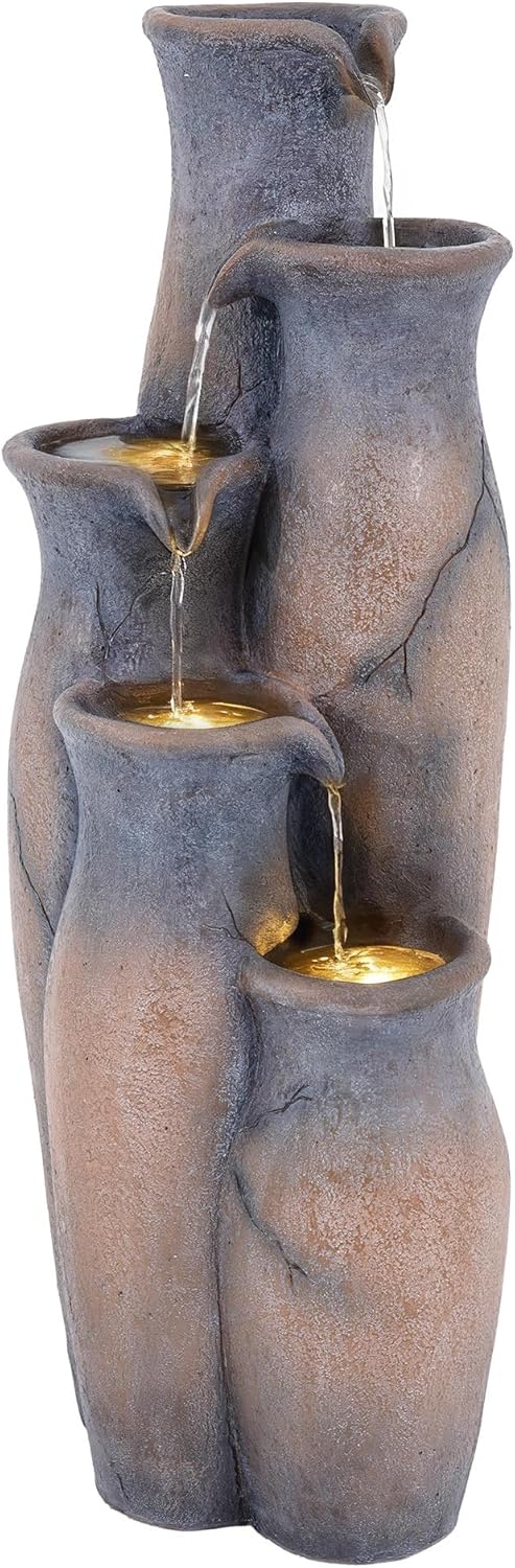 33' H Outdoor Water Fountain with Lights, 5-Tier Faux Terracotta Vase Waterfall, Rustic Cracked Stone Finish Resin Cascading Waterfall Feature with Tranquil Oasis for Garden, Patio, Yard, Porch