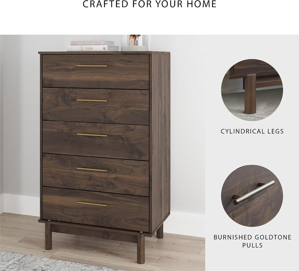 Signature Design by Ashley Calverson Contemporary 5 Drawer Chest of Smooth-Gliding Drawers and Safety Stop, Dark Brown