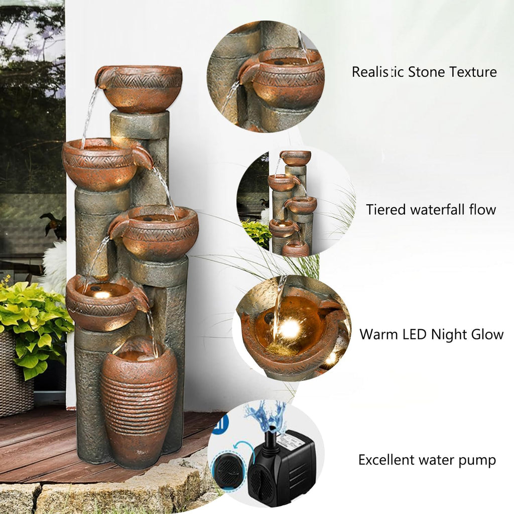 Hamiedun 5 -Tier Water Fountain Outdoor Decor, Large Waterfalls Fountains for Outsides with LED Lights, Indoor and Outdoor Fountain for Garden, Patio, Deck, Porch, Backyard and Home Art Decor