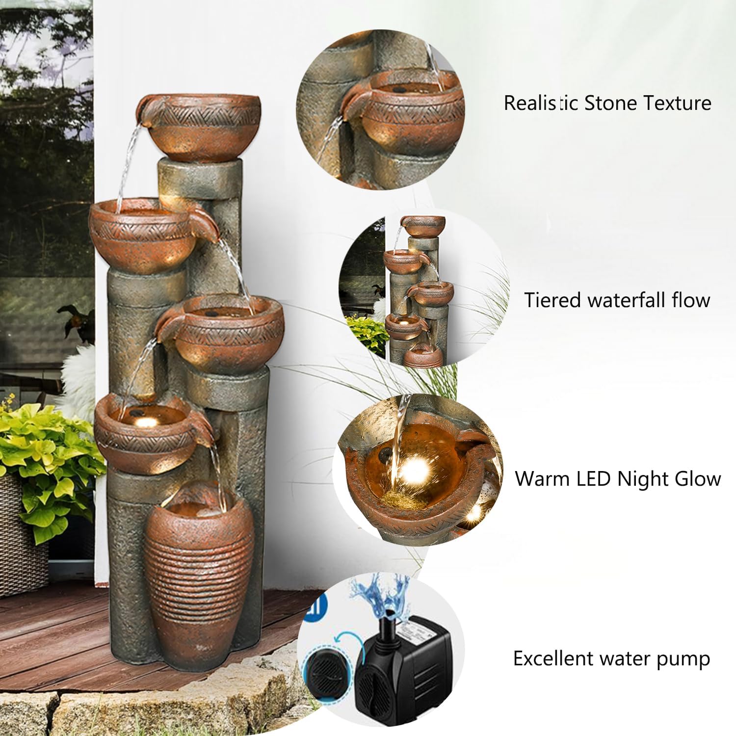 Hamiedun 5 -Tier Water Fountain Outdoor Decor, Large Waterfalls Fountains for Outsides with LED Lights, Indoor and Outdoor Fountain for Garden, Patio, Deck, Porch, Backyard and Home Art Decor