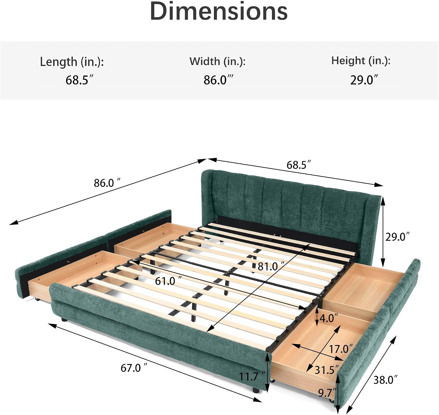 DEINPPA Queen Size Bed Frame with 4 Storage Drawers and Cloud Soft Headboard, Chenille Upholstered Grounded Wood Base Bed Frame, No Box Spring Needed-Blue+Green