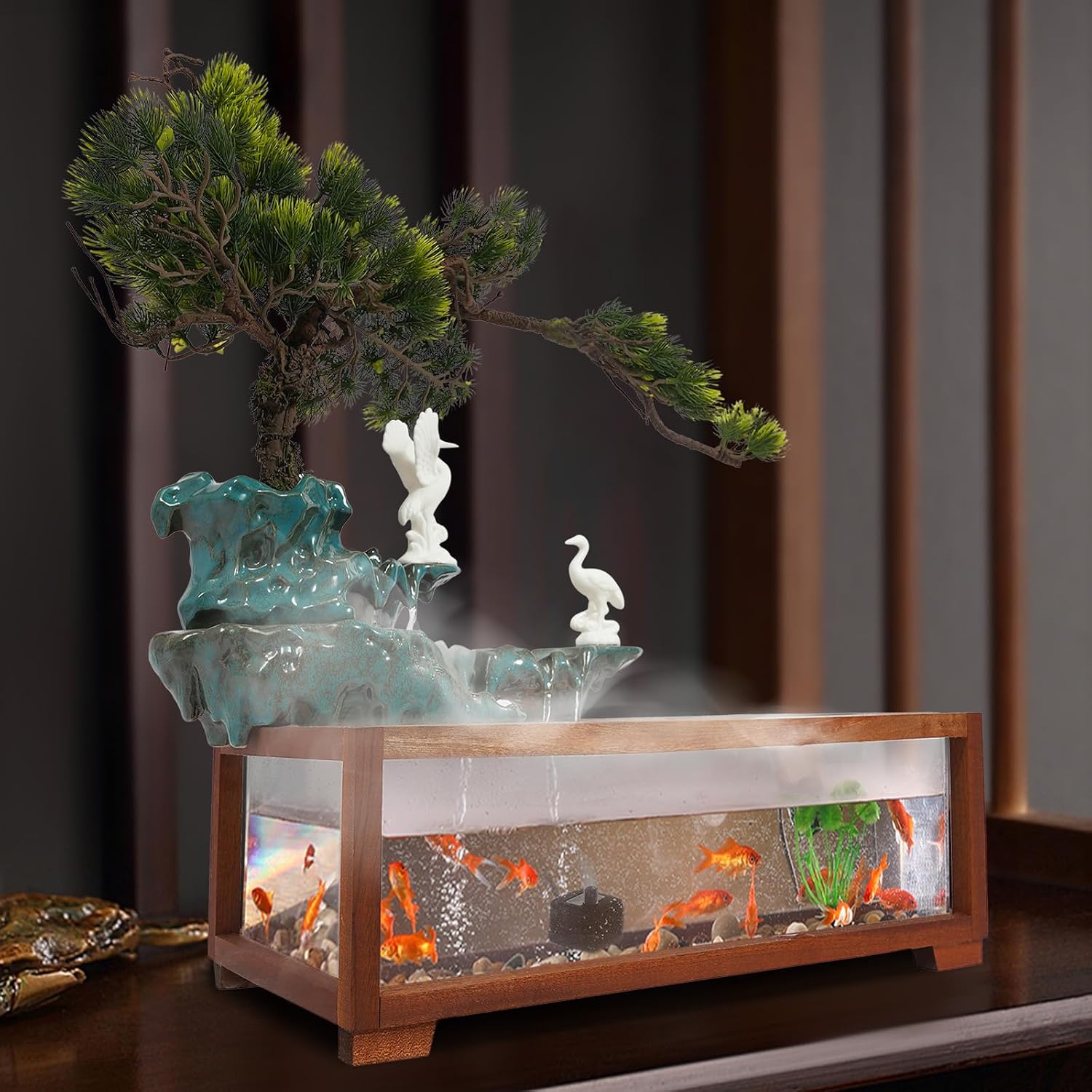 Tabletop Water Fountains Indoor-Rockery Humidifier with Led Light, Tabletop Fountains and Waterfalls Indoor with Fish Tank, Feng Shui Office Home Decor for Good Luck Wealth, Meditation