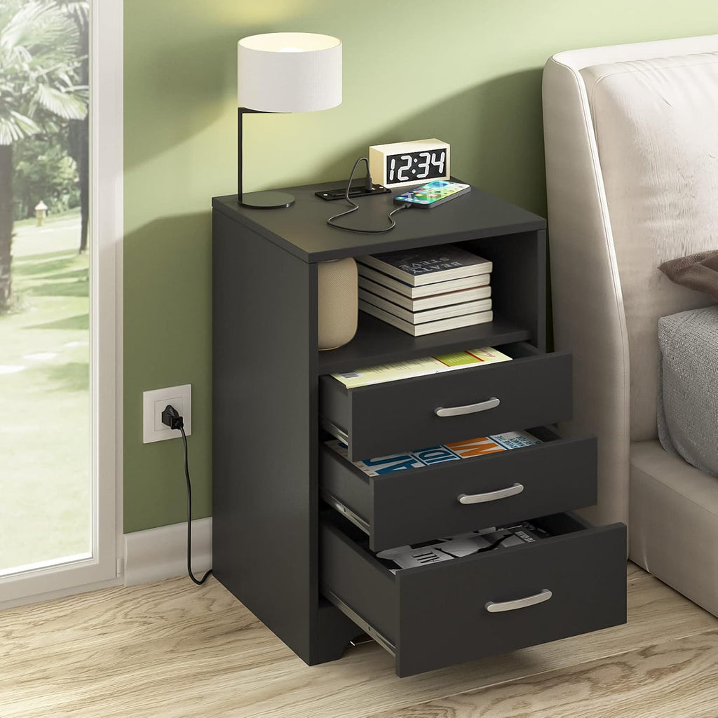 Black Nightstand Set of 2, 3 Drawer Nightstand with Charging Station Side Table with Open Storage Bedside End Table NightStands Storage Cabinet for Bedroom