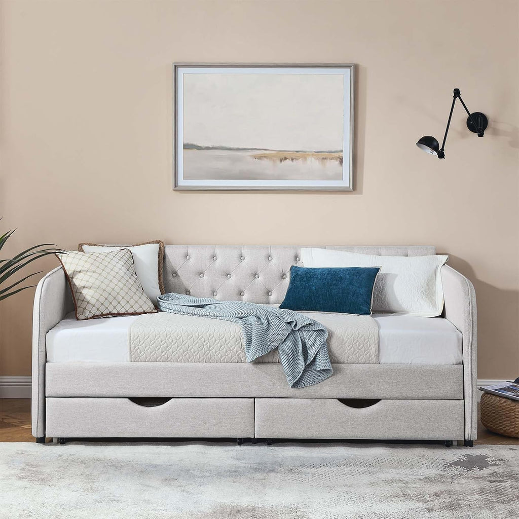 Antetek 80.5' Daybed with Drawer, Modern Button Tufted Linen Day Bed with Trundle Bed Twin to King, Upholstered Daybed Frame w/Storage Pocket for Bedroom, Living Room, No Box Spring Needed, Beige