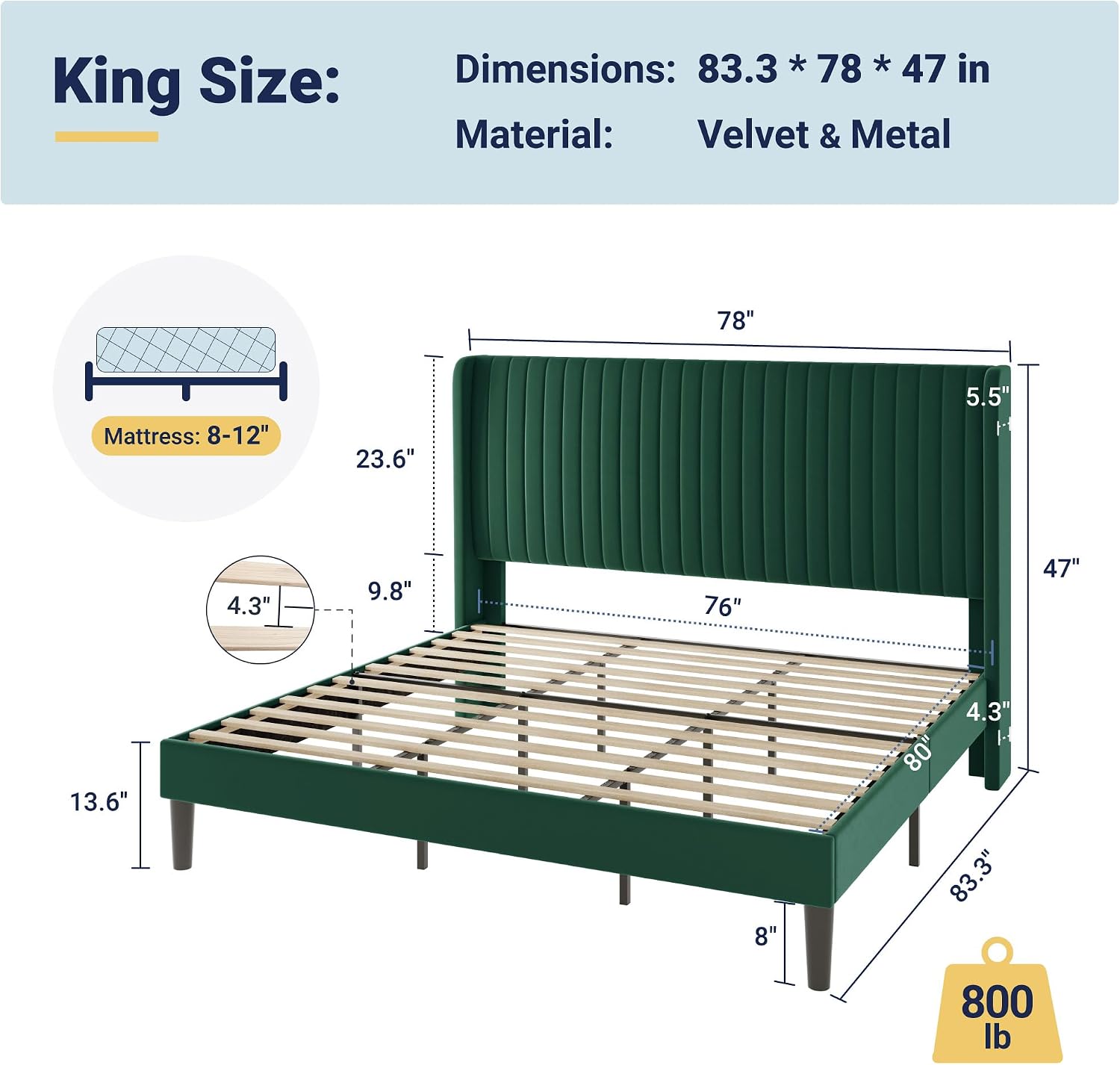 Allewie King Size Bed Frame/Velvet Upholstered Platform Bed/Vertical Channel Tufted Wingback Headboard/Strong Wooden Slats/No Box Spring Needed/Easy Assembly/Green