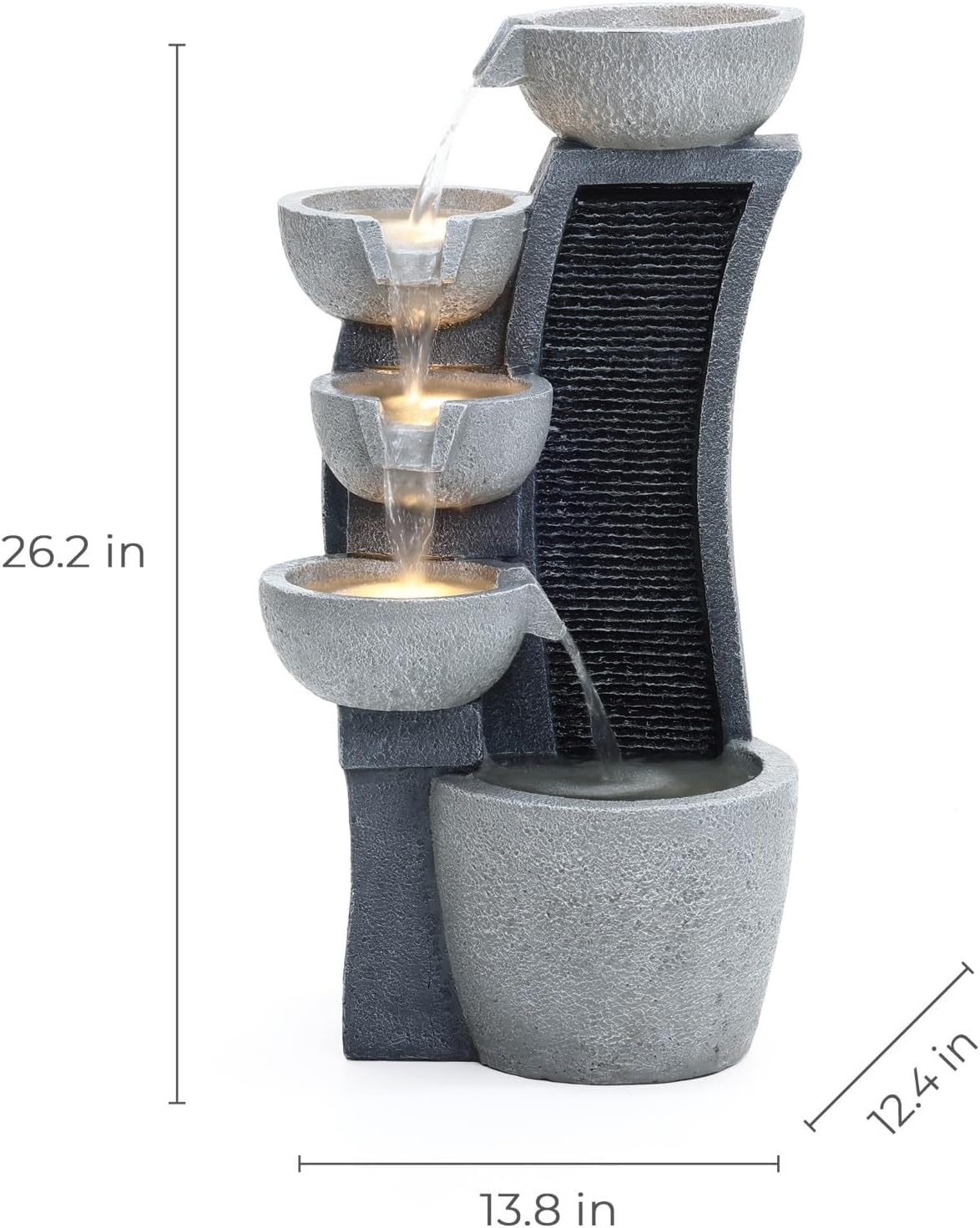 LuxenHome Water Fountain Outdoor, 26 Inch Resin Cascading Bowl Water Fountains Indoor with LED Lights, Modern Garden Decor, Small Waterfall Fountain, Outdoor Fountains and Waterfalls Garden Decor