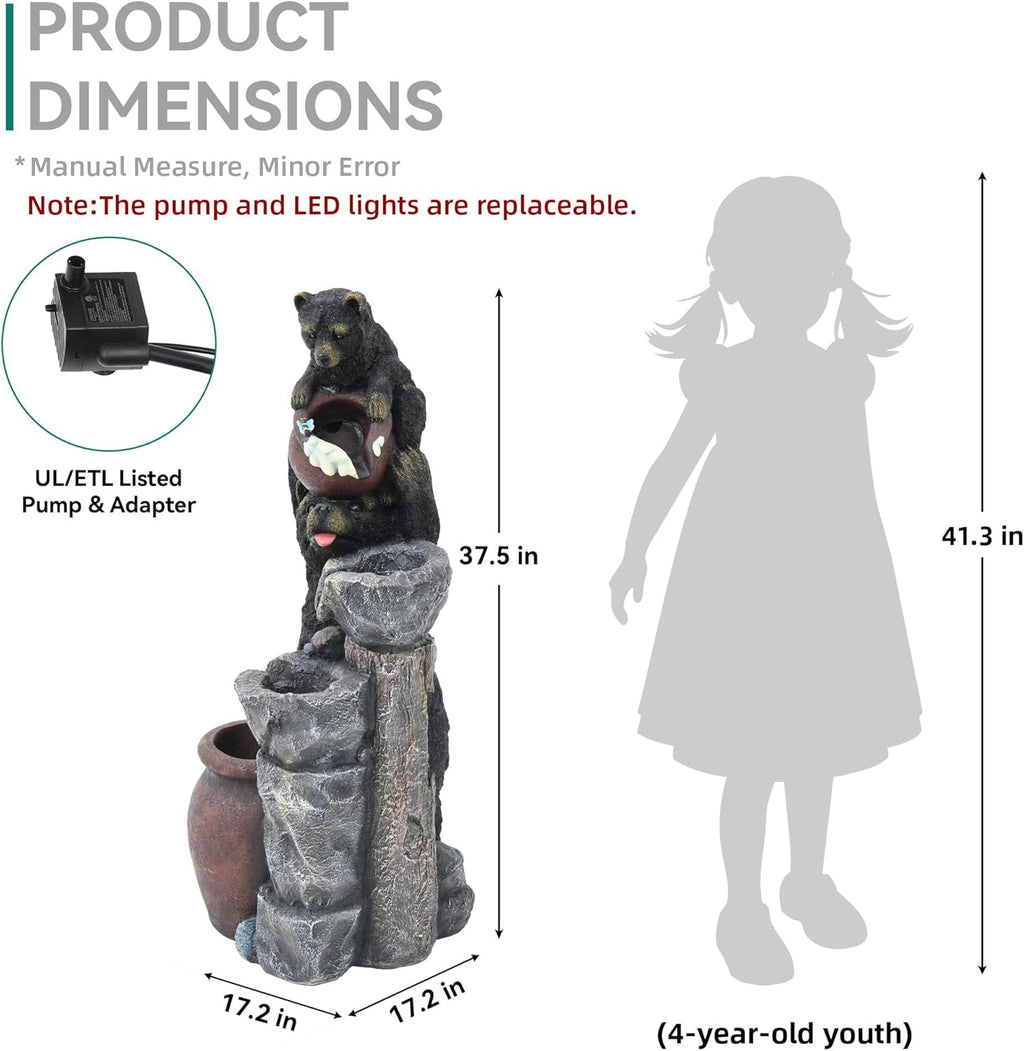 37.5' H Resin Playful Twin Bear Fountain Outdoor, Whimsical Multi-Tiered Stone Vessel Water Feature Outdoor with Lights, Soothing Cascading Waterfall for Patio, Backyard, Garden or Porch