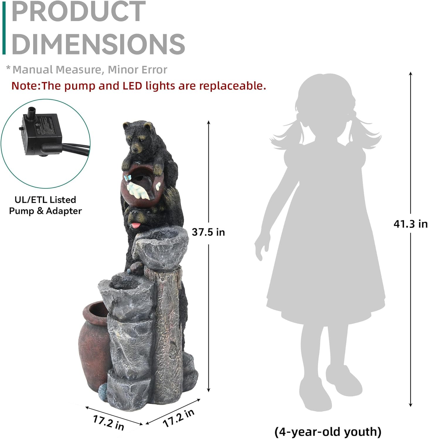 37.5' H Resin Playful Twin Bear Fountain Outdoor, Whimsical Multi-Tiered Stone Vessel Water Feature Outdoor with Lights, Soothing Cascading Waterfall for Patio, Backyard, Garden or Porch
