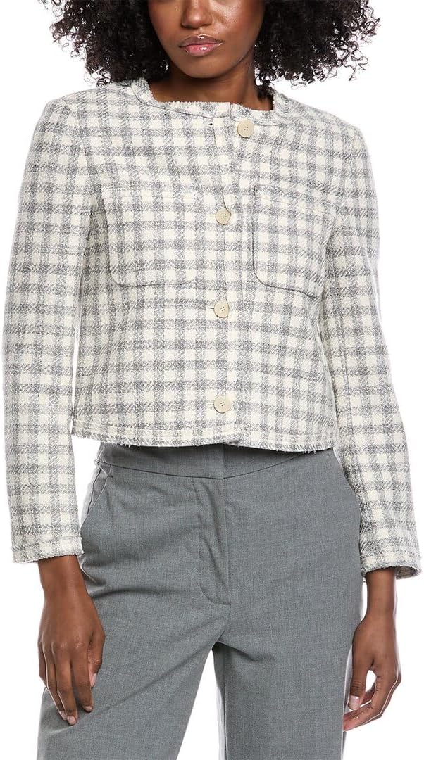 Theory Womens Cropped Gingham Jacket, 12, Grey