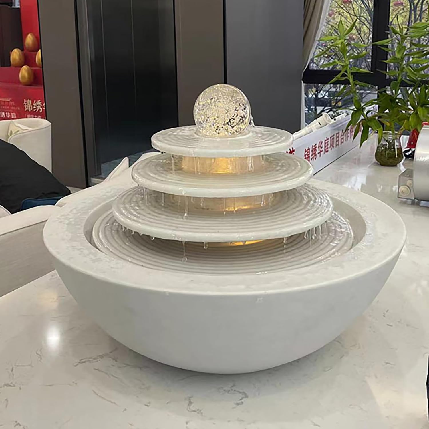 Water Fountain Indoor, Indoor Water Fountains Tabletop w/LED, Desktop Waterfall Fountain w/Water Pump, Lucky Ball Water Ornaments, Modern Light Luxury Living Room Rockery Fountain Landscape(White)