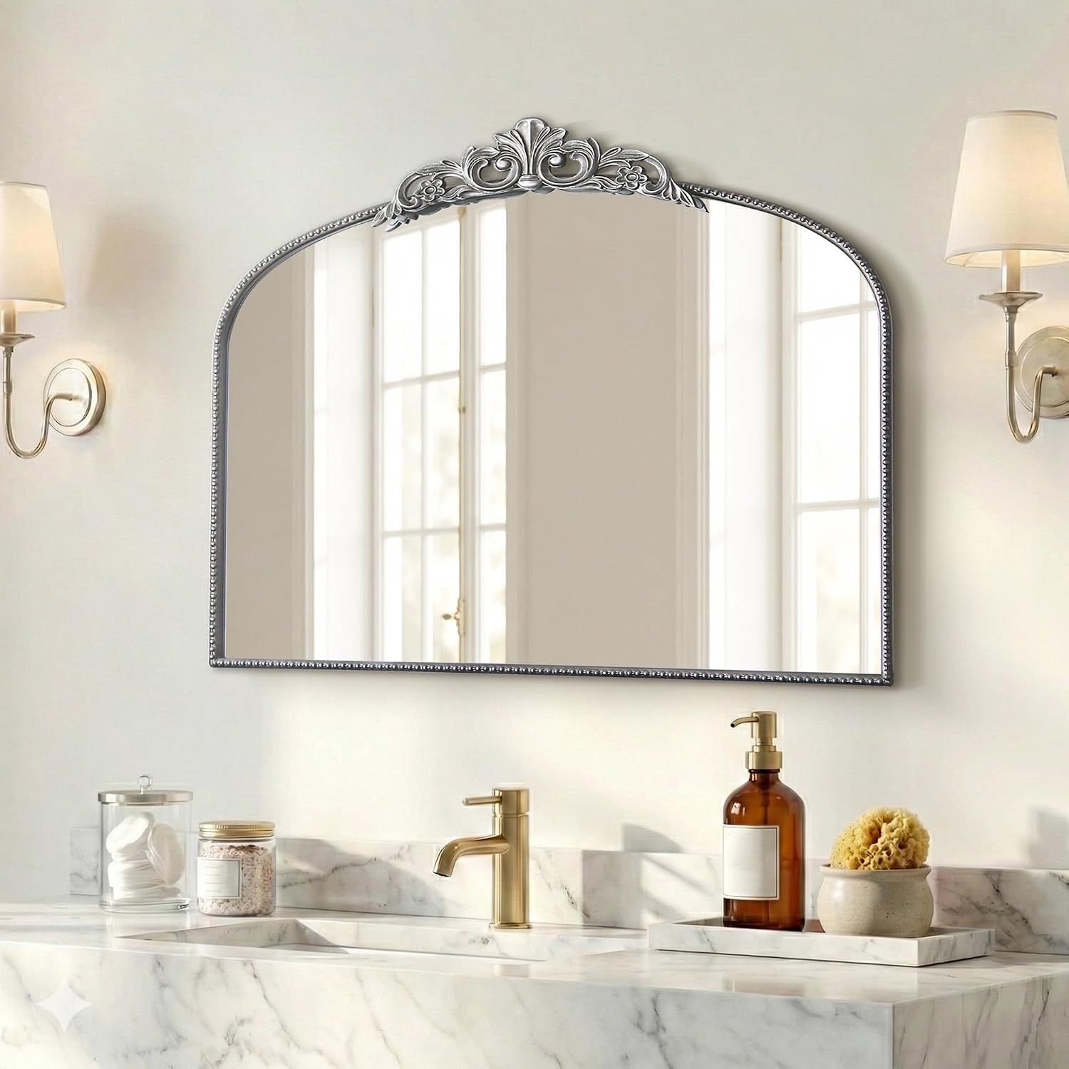 Micasso Vintage Silver Arched Mirror: 36'x29' French Baroque Antique Wall Mounted Mirror - Traditional Ornate Decorative for Wall/Fireplace/Entryway/Bathroom/Hallway - Home Decor for Living Room