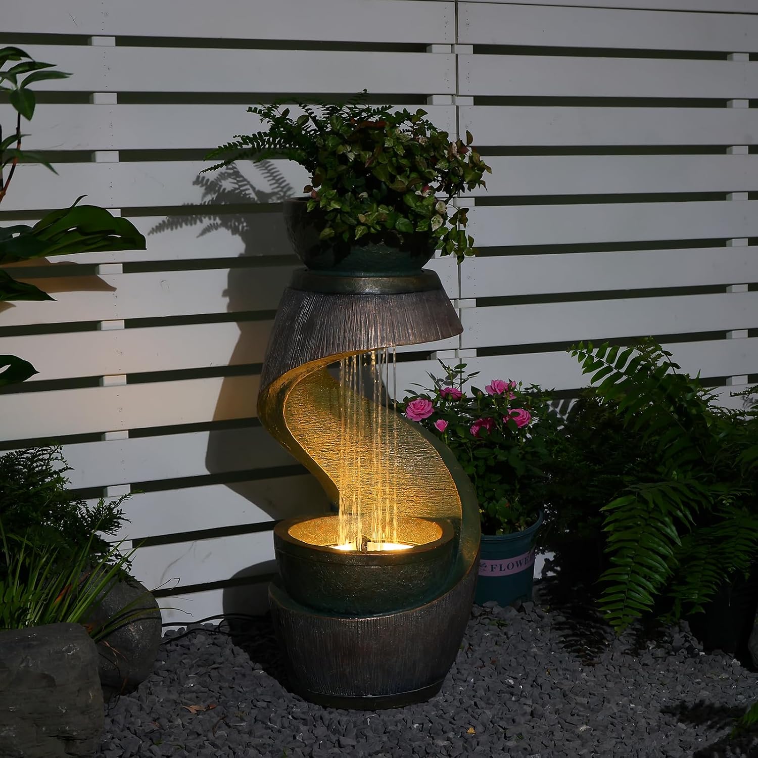 31.9' Outdoor Water Fountain with Lights – S-Shaped Water Feature Outdoor Modern Resin Waterfall Feature with Bowl Planter, Decorative Garden Fountain for Patio Balcony Porch Yard, Gold