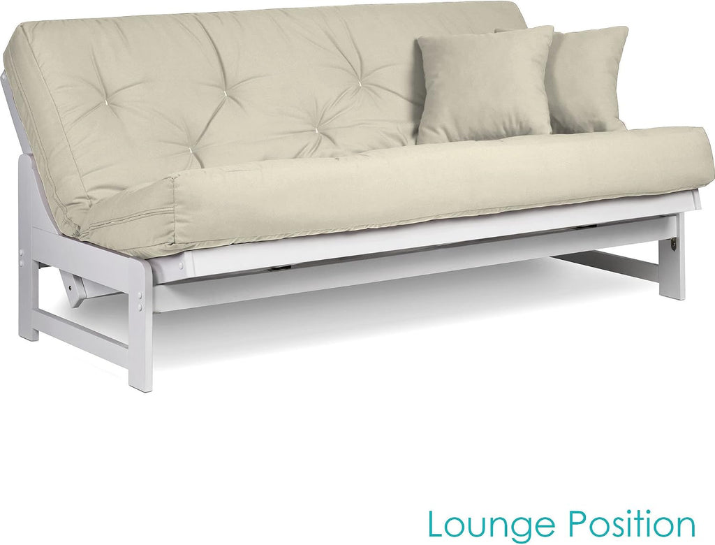 Nirvana Futons Arden White Futon Set Queen Size - Armless Futon Frame with Mattress Included (Twill Ivory), Space Saving Modern Sofa Bed Sleeper