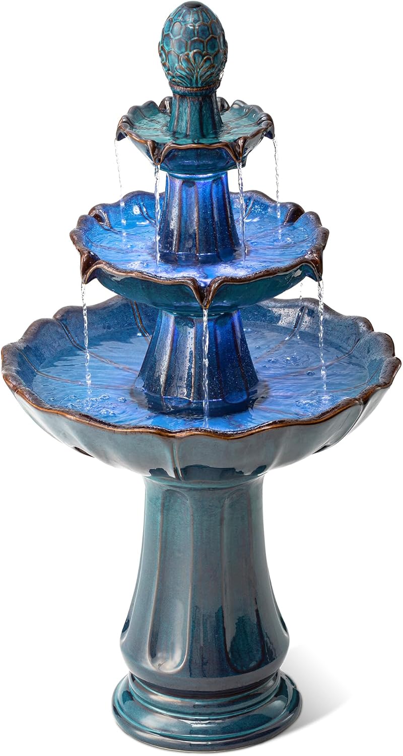 Glitzhome Outdoor 3 Tier Pedestal Fountain with LED Light & Pump - 45.25' H, Ceramic Turquoise Water Fountains Waterfall Large Floor-Standing Garden Fountain for Patio, Lawn, Backyard