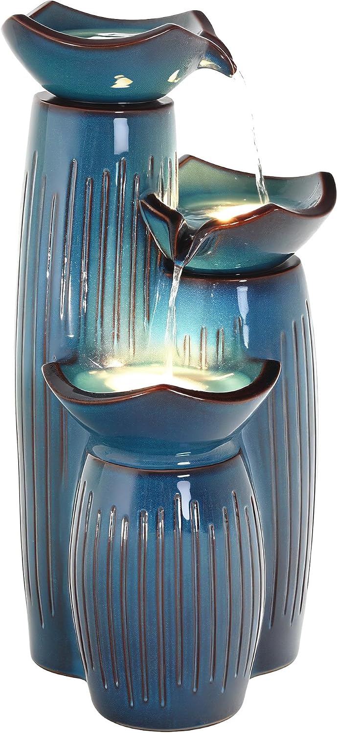 30' H Ceramic Outdoor Water Fountain with LED Lights, 3-Tier Cascading Lotus Bowls Water Feature, Soothing Cascading Waterfall for Garden, Patio, Yard, Turquoise Vertical Striped Texture