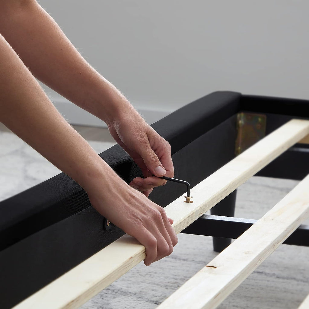Lucid Full Bedframe with Vertical Channeled Headboard — Upholstered Platform Bed — Easy Assembly — Full Size — No Box Spring Needed — Black Color