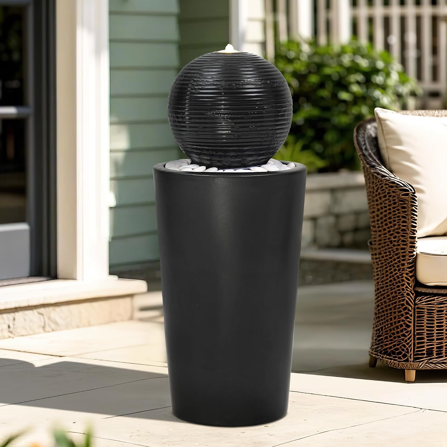 30' H Ceramic Sphere Water Fountain with LED Light, Modern Minimalist Design, Black Glaze with White Pebbles, Soothing Trickling Water Feature, Adding Artistic Charm & Tranquil Ambiance