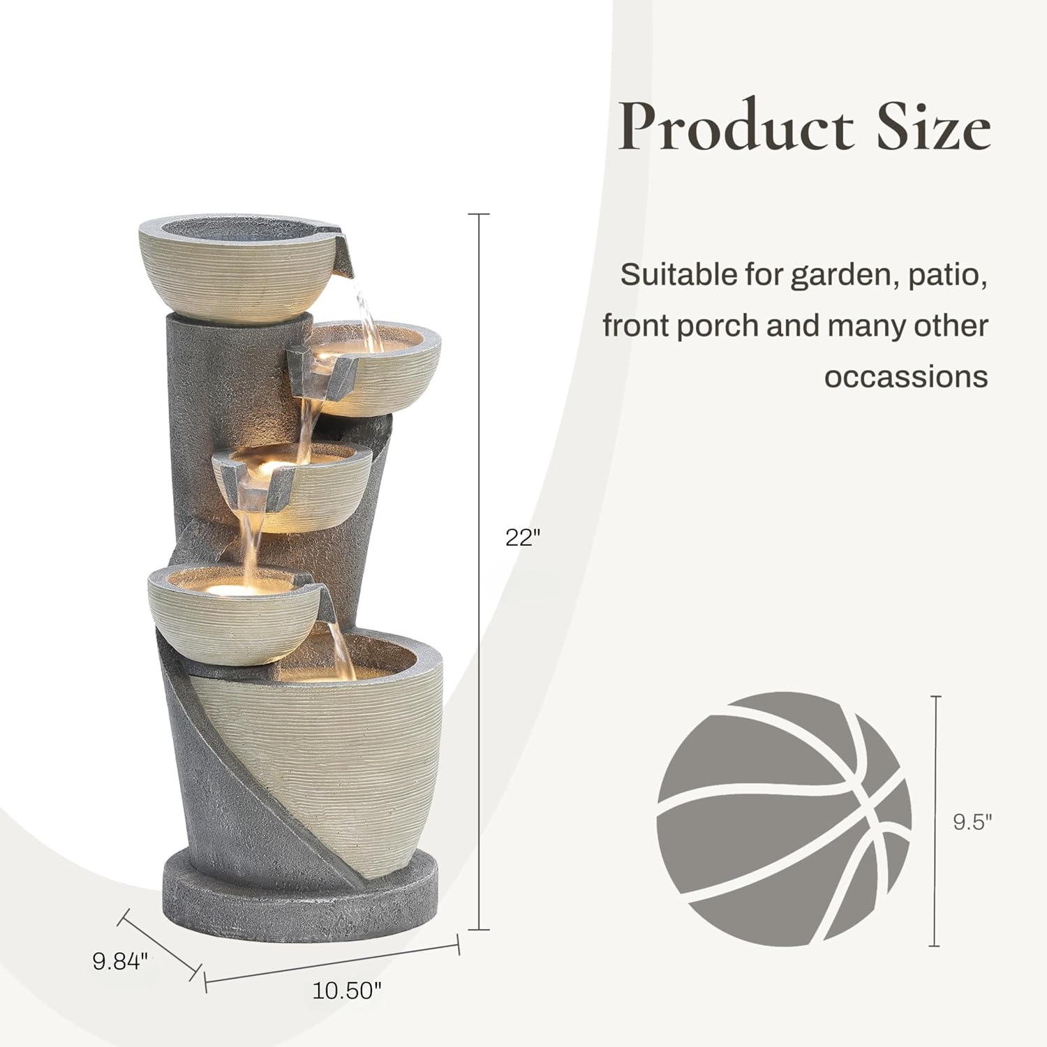 LuxenHome 22' Small Water Fountain Outdoor, Modern Resin Cascading Waterfall Fountains, Garden Fountain with Lights Garden Decor, Outdoor Water Fountains for Patio, Yard