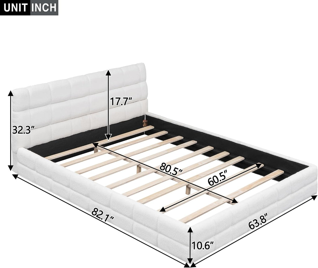 JIVOIT Queen Size Upholstered Platform Bed, Berber Fleece Upholstered Bed with Upholstered Headboard, Wood Low Platform Bed Frame with Wood Slats Support, No Box Spring Required (White & 12)