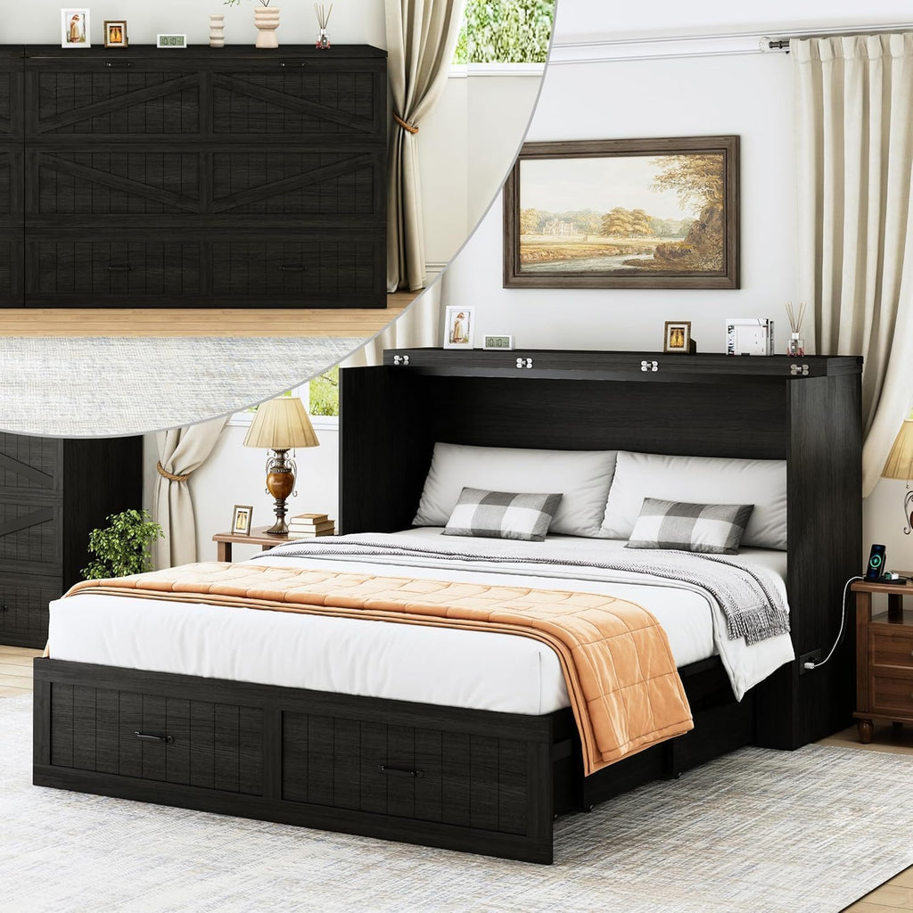 Queen Size Murphy Bed with Charging Station and Large Drawer, Farmhouse Cabinet Bed with Storage, Multifunctional Wood Hidden Folding Bed Frame for Bedroom, Black