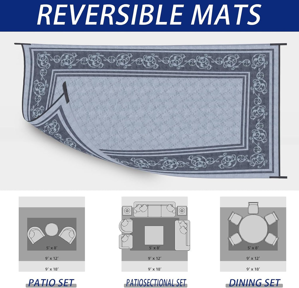 EEZ RV Products 9ft x 18ft Heavy Duty Reversible/Durable Outdoor Patio/RVing Camping Mats Come with Large Storage Bag & 6 Sets of Stakes and Washer, Vine Grey