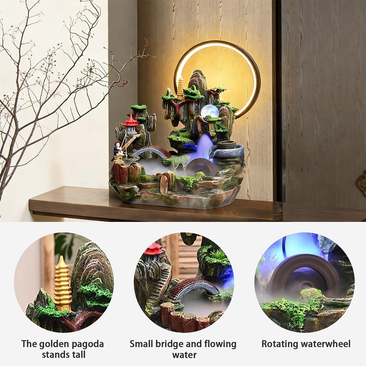 Table Fountain, Tabletop Water Fountain Indoor Décor, Cascading Waterfall with LED Lights, Quiet Pump Desktop, for Home and Office Indoor Spaces Decors
