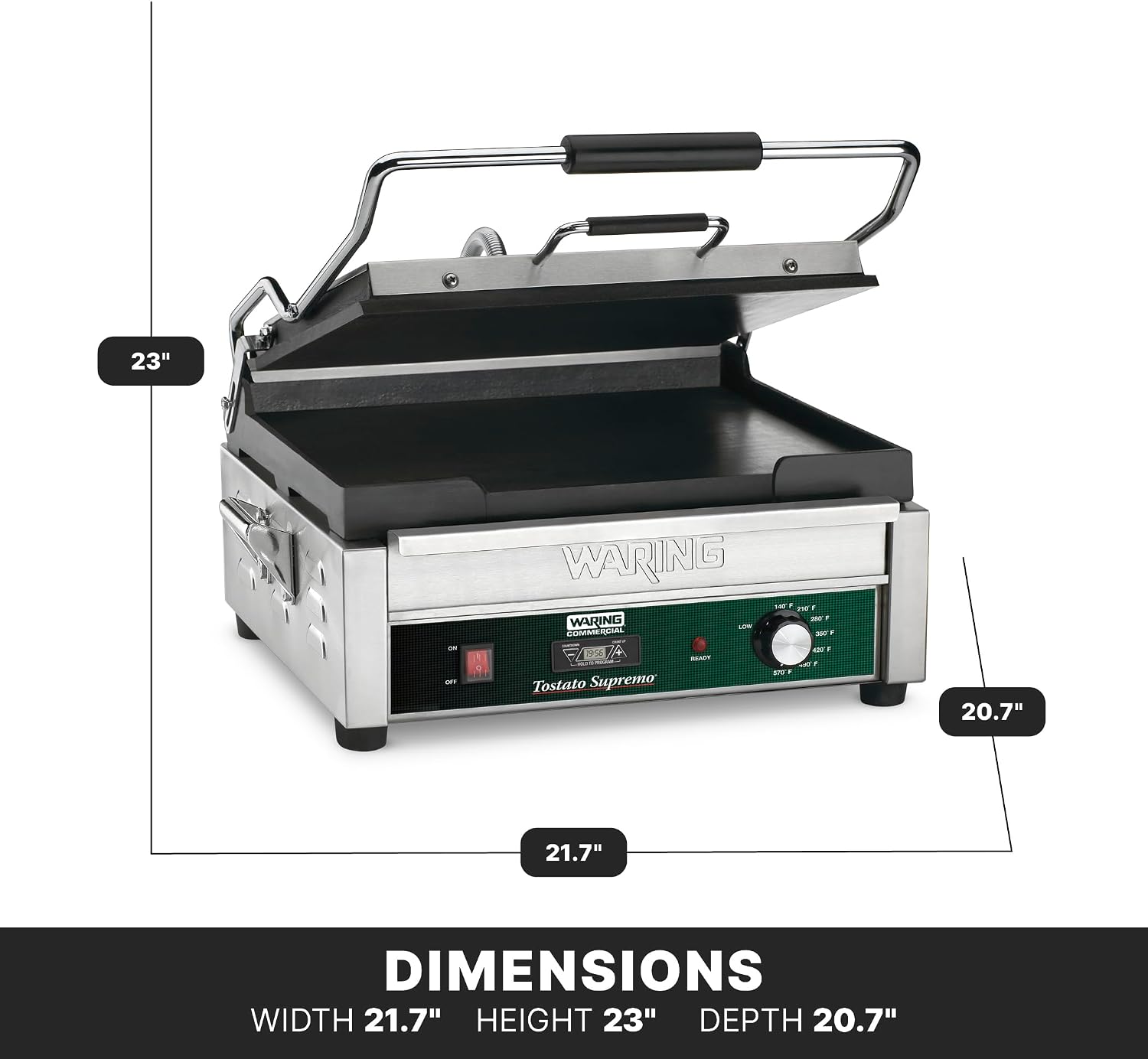 Waring Commercial Panini Press with Timer, Flat Cast Iron Plates, 14.5' x 11' Cooking Surface, 570°F Adjustable Thermostat, for Sandwiches up to 3' Thick, Professional Kitchen Grill, 120V, WFG250T