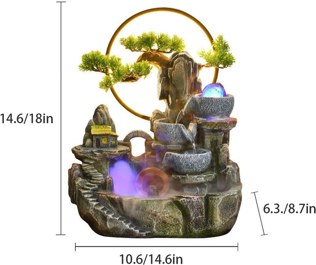 Indoor Water Fountain Tabletop Waterfall, Table Fountain, Tiered Cascade Design with LED Lights, for Home Office Bedroom Relaxation Decor(14.6x8.7x18in)
