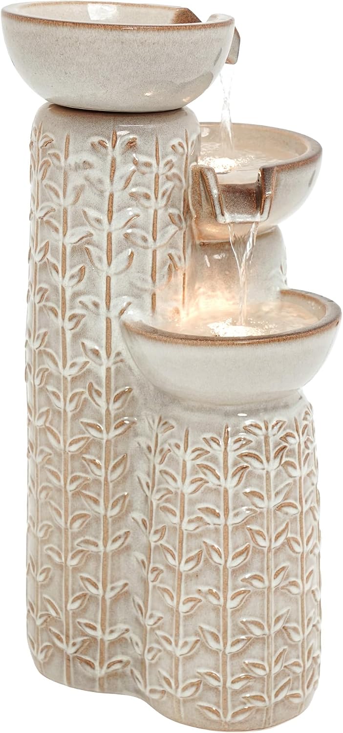 28' H Ceramic Outdoor Water Fountain with LED Lights, 3-Tier Cascading Bowls Water Feature, Tranquil Waterfall for Relaxing Garden, Patio, Yard, or Porch, Beige Glaze, Embossed Leaf Patterns