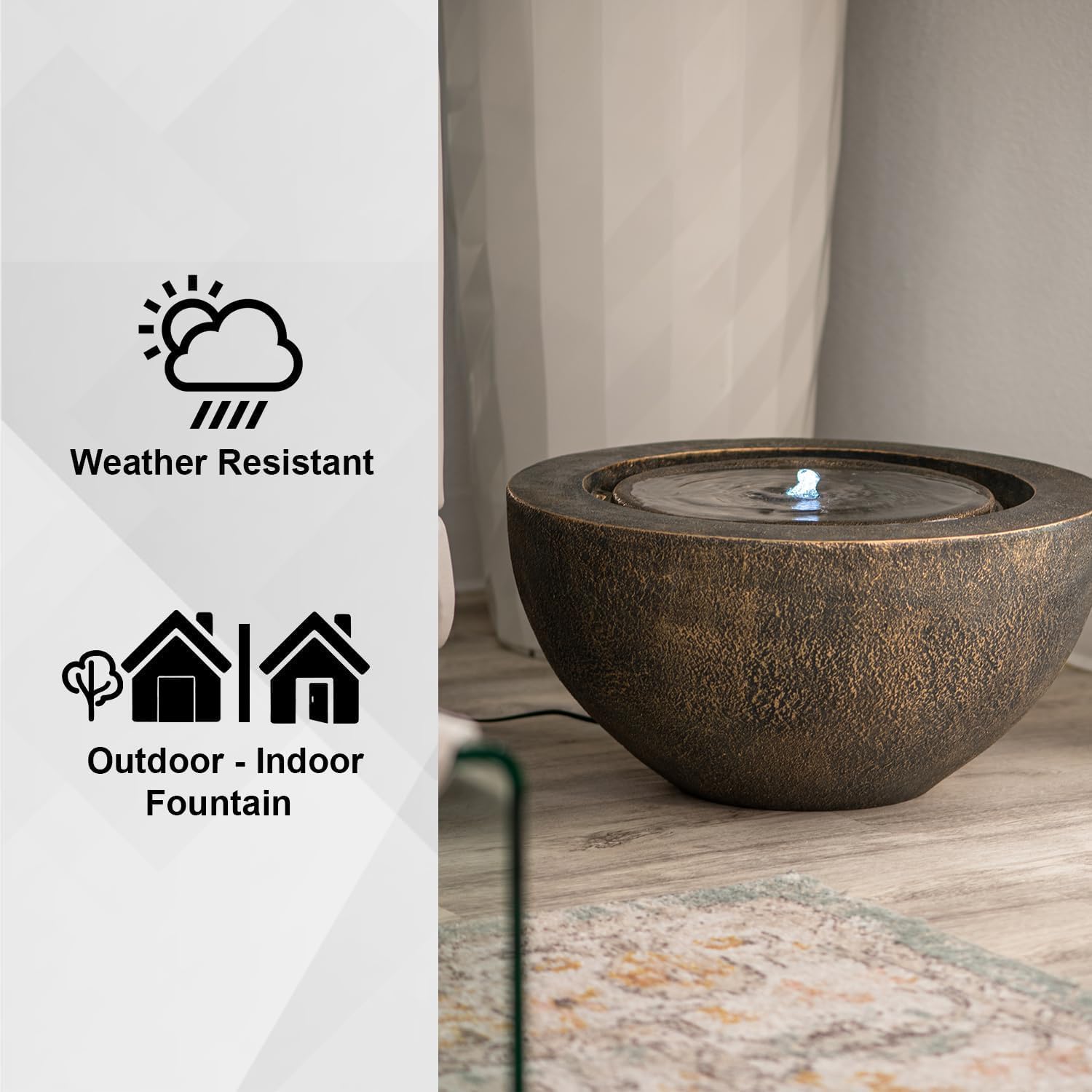 XBrand 19.8' W Round Sphere Water Fountain Indoor Outdoor with LED Light, Polyresin Bubbler Feature for Patio Garden Yard Home Décor, Bronze