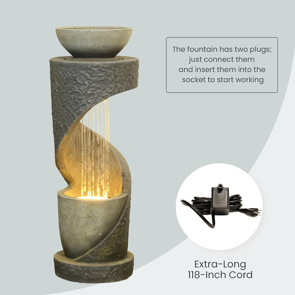 Tiered Outdoor Water Fountain, Modern Spiral Cascading Waterfall Fountain with Planter, Freestanding Resin Indoor Water Feature for Room, Garden, Patio, Deck, 31.5'H with Light Stone-Texture