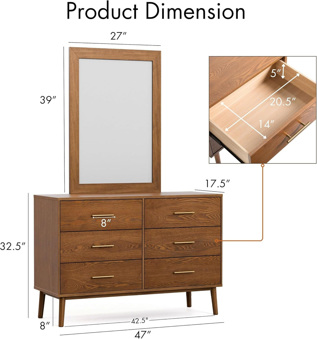 Furniture of America Wyatt Modern Solid Wood Bedroom Collection with Queen Bed Frame, Nightstands, Dresser with Mirror, No Box Spring Needed, Walnut, Standard Platform, 5-Piece Set