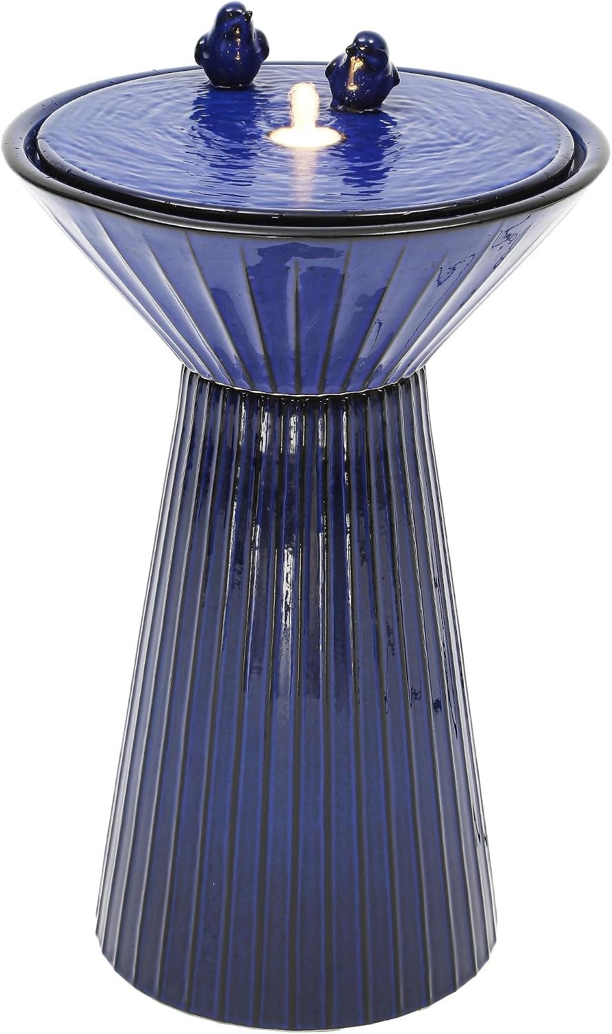 28' Tall Ceramic Outdoor Fountain and Waterfalls, Patio Fountain with LEDs, Birdbath for Outside, Soothing Water Feature for Relaxing Front Porch, Garden, Backyard, Cobalt Blue, 2KD Birds