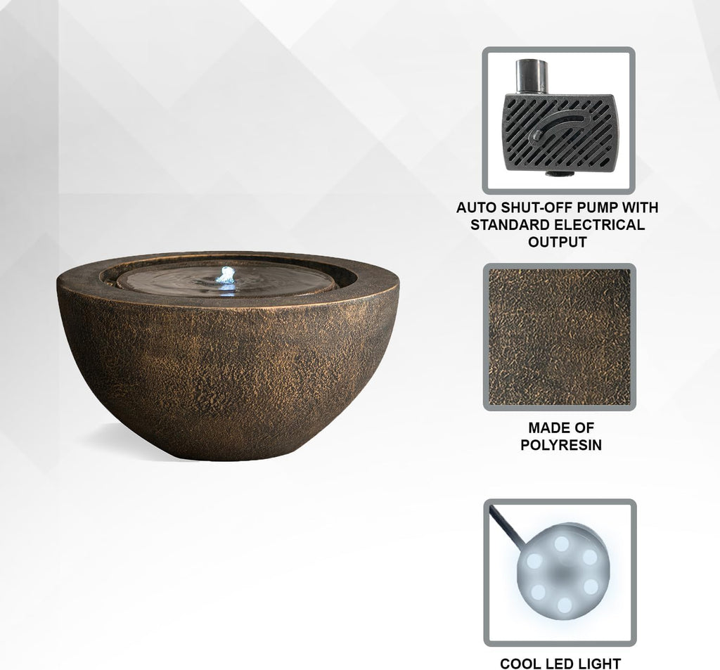 XBrand 19.8' W Round Sphere Water Fountain Indoor Outdoor with LED Light, Polyresin Bubbler Feature for Patio Garden Yard Home Décor, Bronze