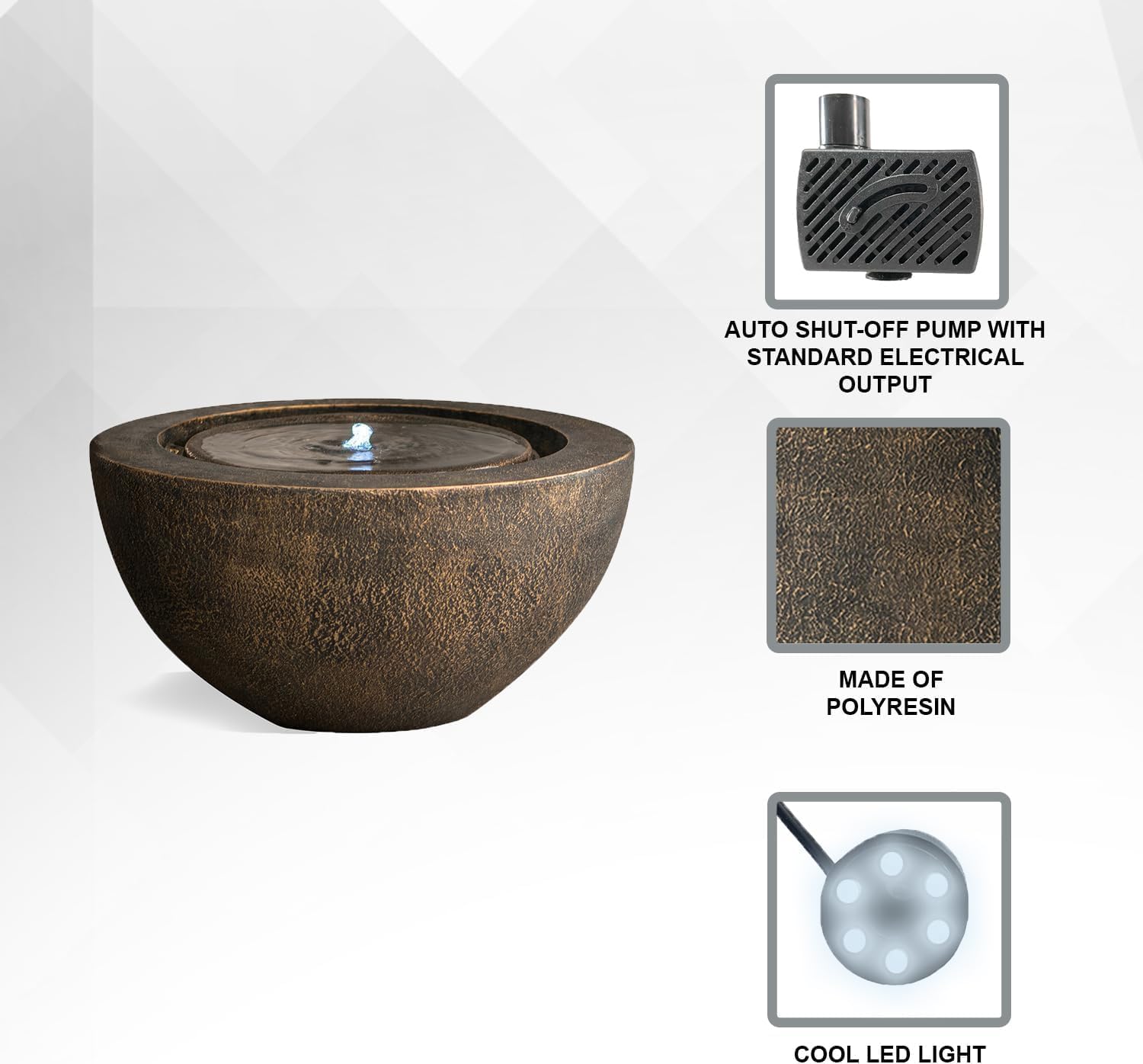 XBrand 19.8' W Round Sphere Water Fountain Indoor Outdoor with LED Light, Polyresin Bubbler Feature for Patio Garden Yard Home Décor, Bronze