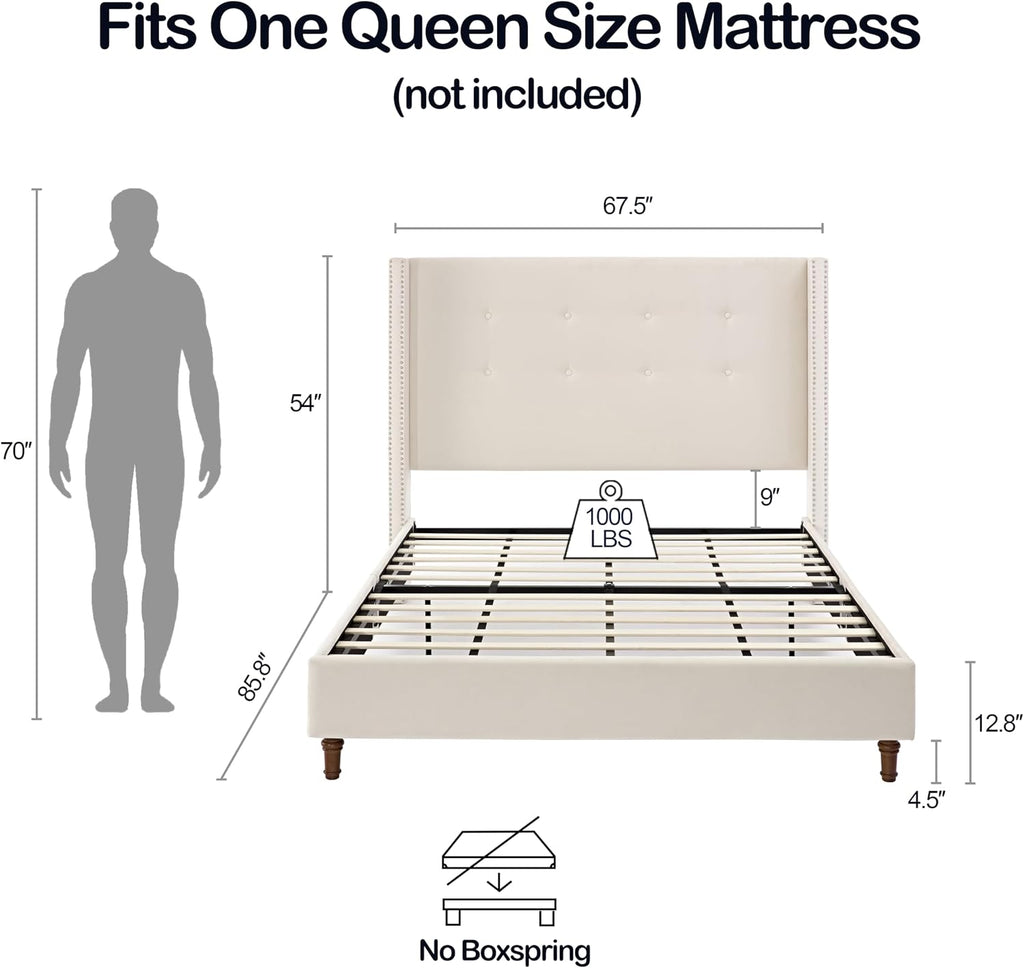 Queen Size Bed Frame,54'High Headboard Button Tufted Nailhead Trimmed Backrest Headboard,Velvet Metal Upholstered Platform Bed Frame,Wooden Slats Provide Strong Support,No Springs Required
