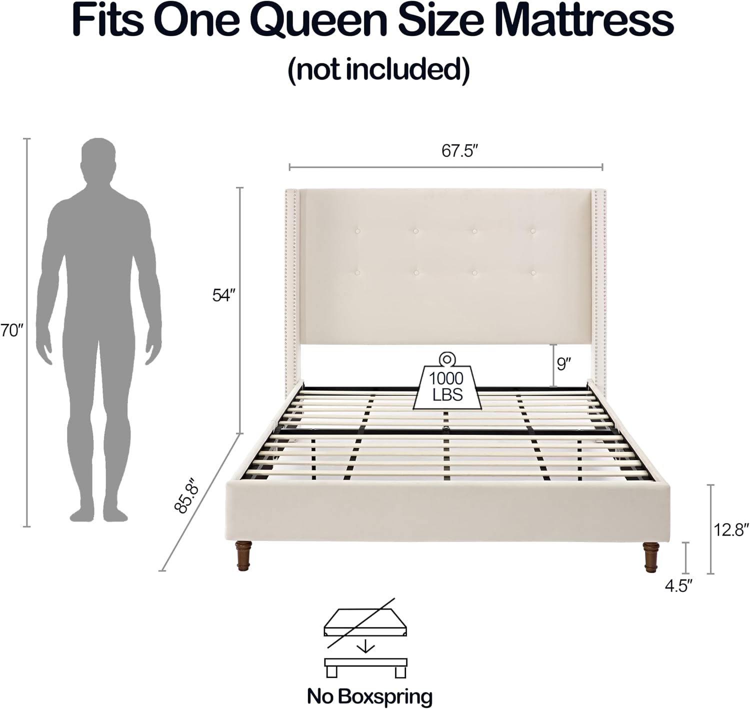 Queen Size Bed Frame,54'High Headboard Button Tufted Nailhead Trimmed Backrest Headboard,Velvet Metal Upholstered Platform Bed Frame,Wooden Slats Provide Strong Support,No Springs Required