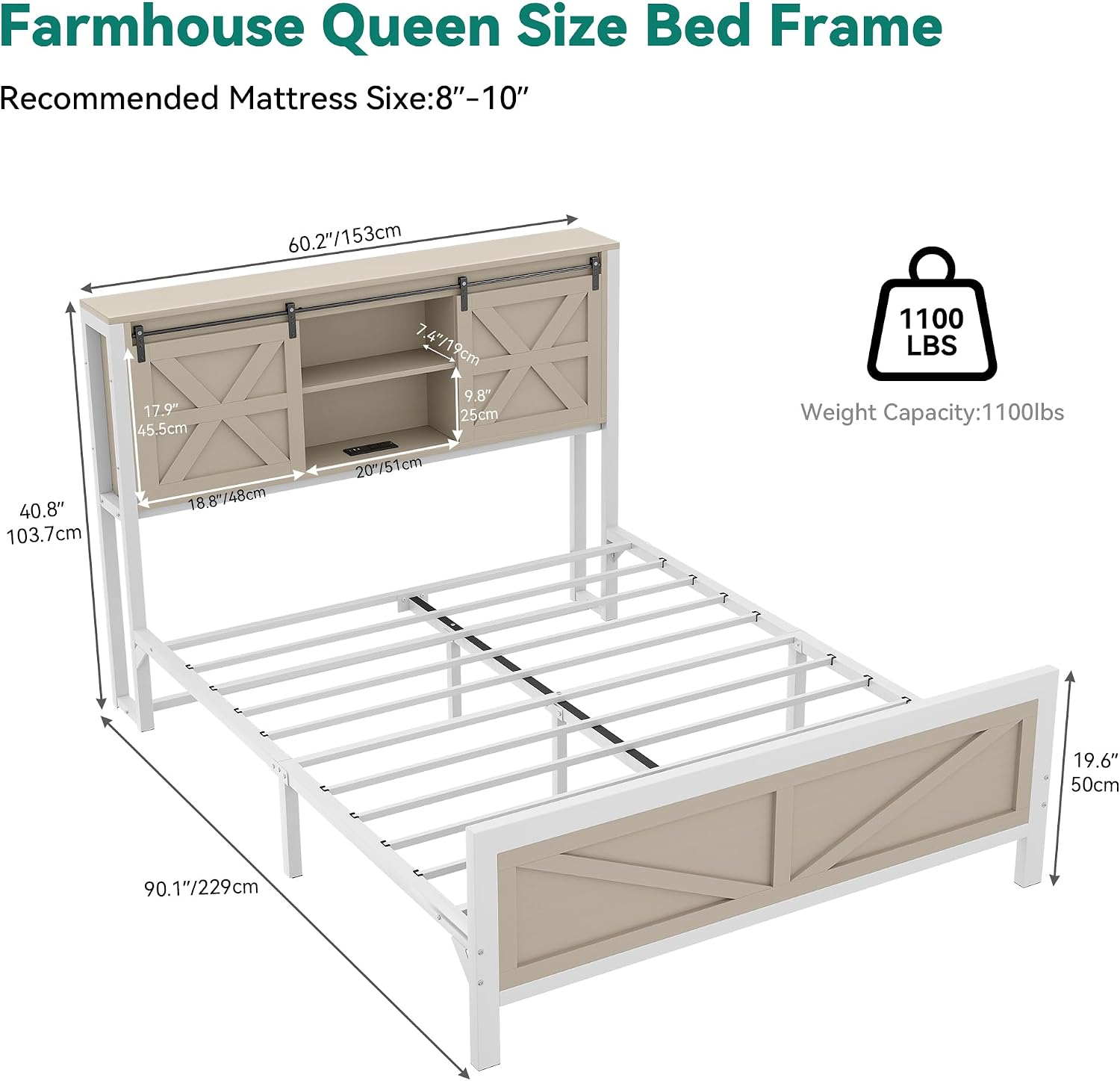 YITAHOME Farmhouse Queen Size Bed Frame with Headboard, Bookcase Shelves, Sliding Barn Door, Charging Station, Rustic Wood Platform Bed, No Box Spring Needed, Oak