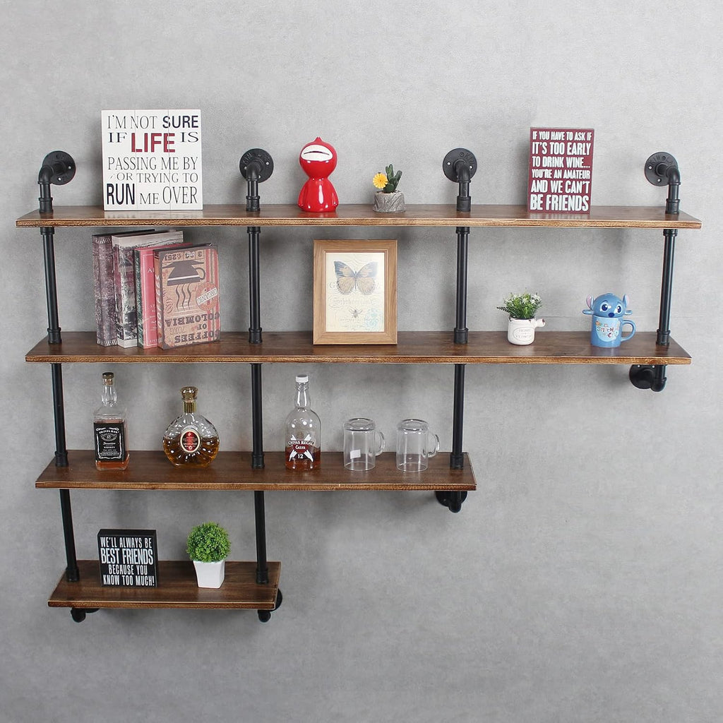 MBQQ 4-Tiers 63inch Industrial Pipe Shelving,Rustic Floating Shelves,Shelves Wall Mount with Wine Rack,Decorative Accent Wall Book Shelf for Kitchen or Office Organizer,Brown