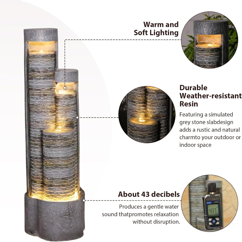 39.76' Tall Indoor Outdoor Water Fountain Modern Water Feature Stone-Textured Cascading Floor-Standing Fountains with Led Lights for Garden, Patio, Balcony, Yard, Office Home Art Decor