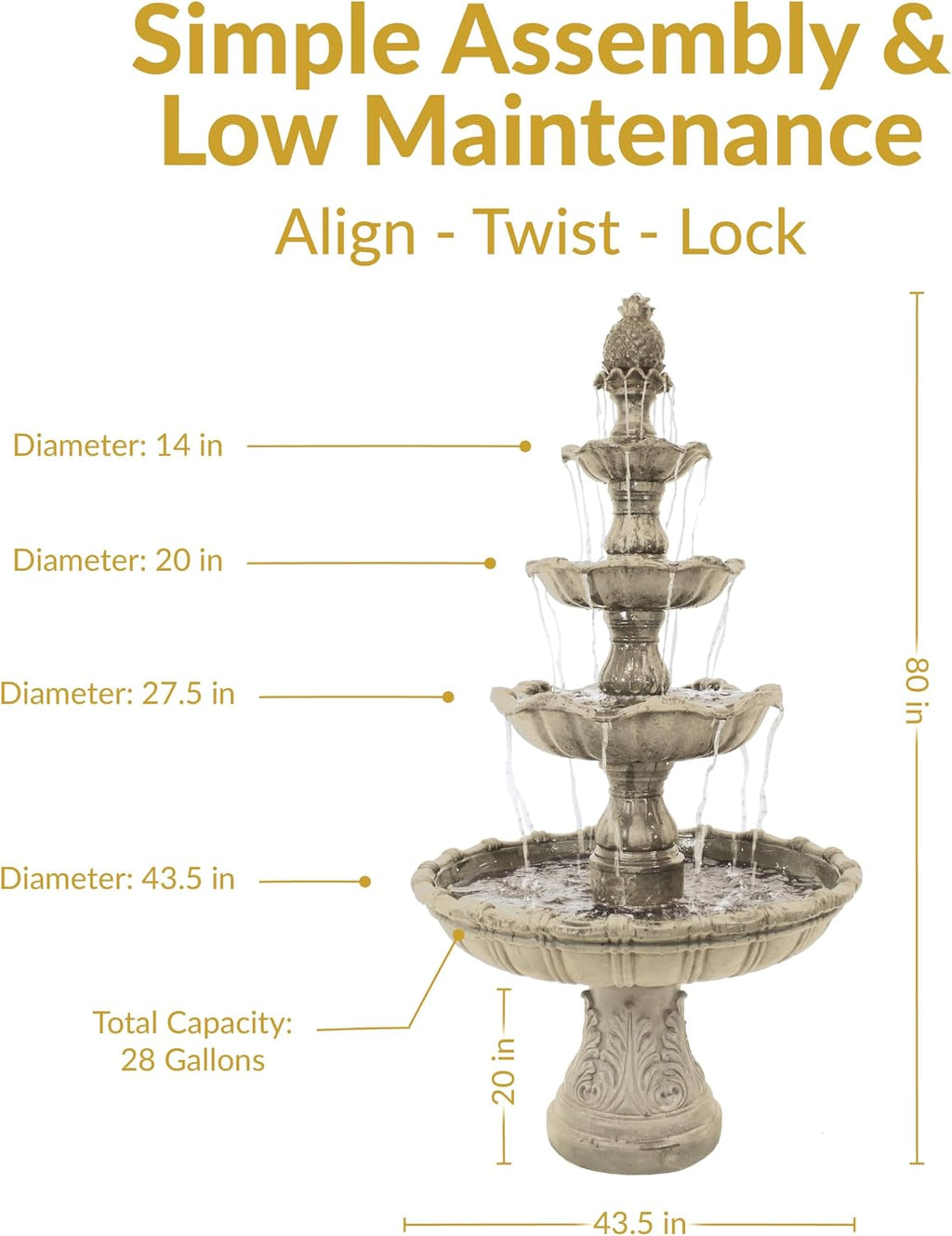 Sunnydaze Grand Courtyard 4-Tier Large Outdoor Water Fountain - 80' Tall Outdoor Fountain - Tiered Electric Garden Water Feature for Patio, Backyard, or Yard - Faux Stone Resin - Earth