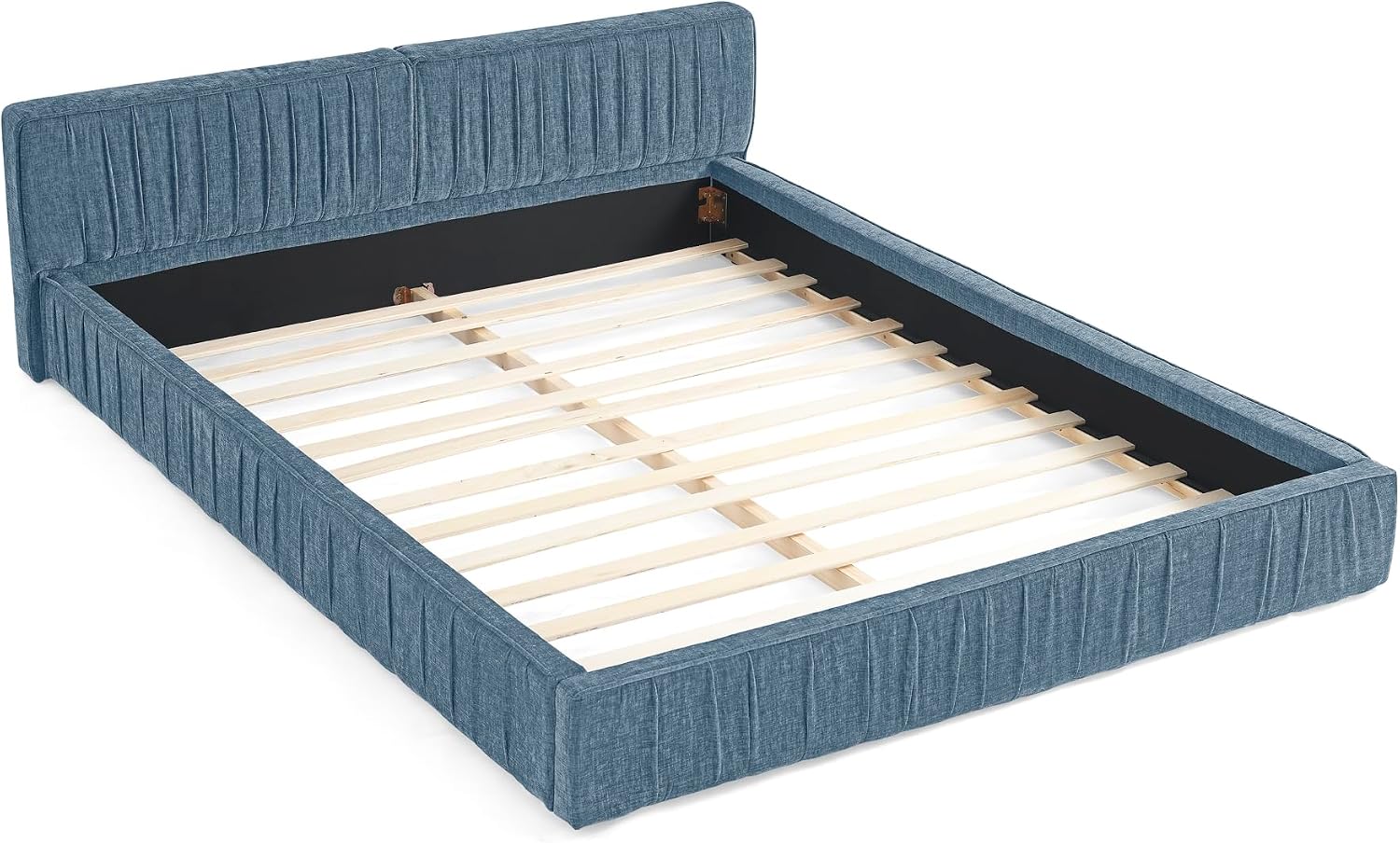 Ball & Cast Queen Size Low Bed Frame,Chenille Upholstered Platform Bed with Pleated Design Headboard,Grounded Floor Bed with Wood Slat Support,No Box Spring Needed,Dark Blue