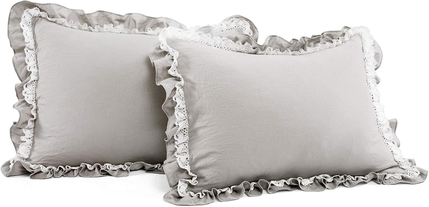 Lush Decor Ella Ruffle Lace Comforter, 3 Piece Set, King, Light Gray - Cute Comforter - King Bedding Set - Gray Bedding - Coquette Decor - Ruffle Trim - Lace Trim