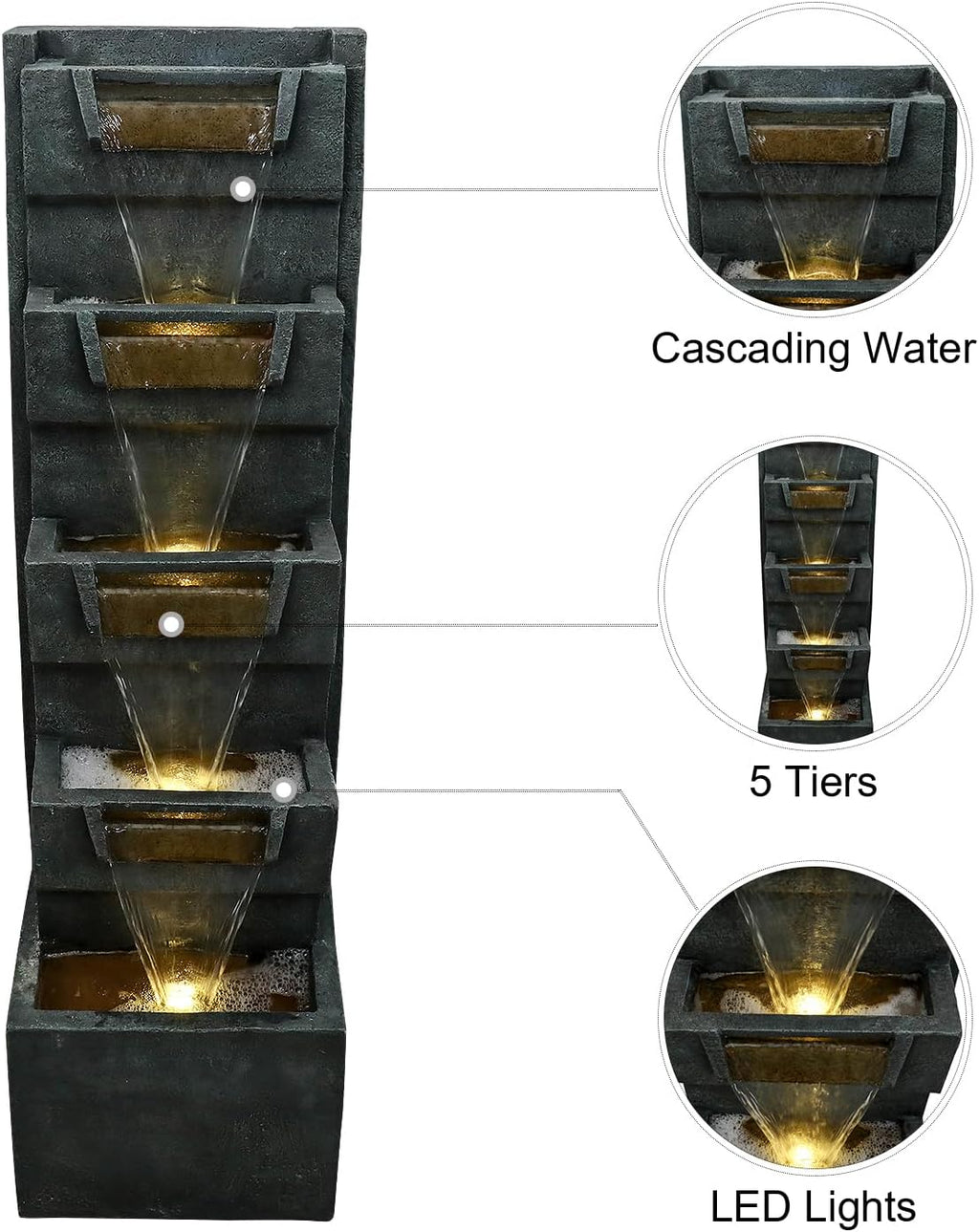 SunJet 4-Tiers Modern Cascading Indoor/Outdoor Fountains and Waterfalls with LED Lights - 39.3' High Large Water Fountain for Garden, Patio, Yard, and Deck Decor - Relaxing Water Fountain Outdoor
