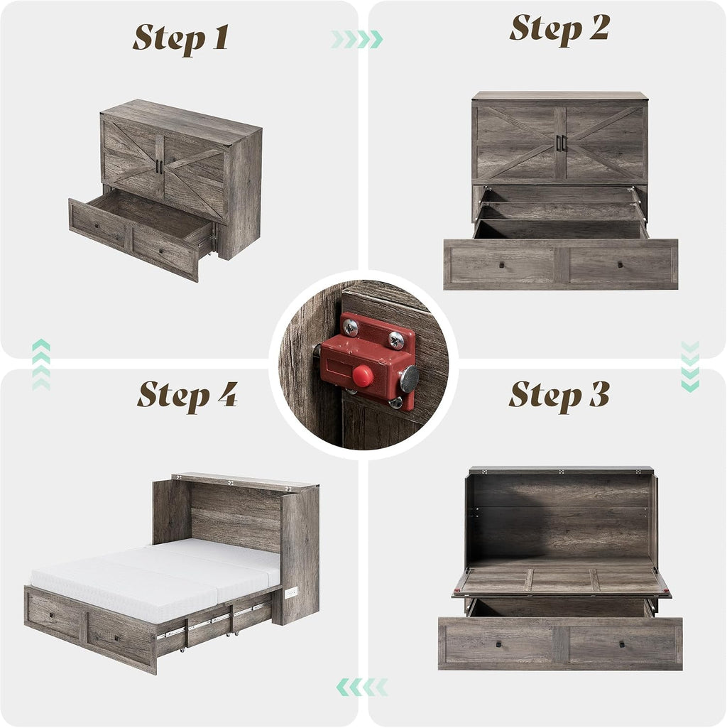 LUXOAK Queen Murphy Bed with 6' White Tri-Fold Memory Foam Mattress, Storage Drawer & Charging Station, Space-Saving Design for Home Office or Guest Room, Rustic Grey