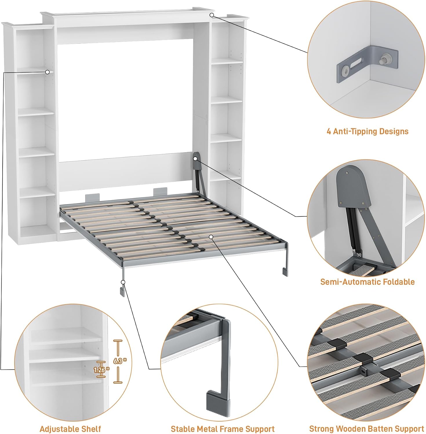 Rophefx Full Murphy Bed Cabinet with 5-Tier Adjustable Storage Shelves, Wood Full Wall Bed Cabinet Bed, Space Saving Beds, Hidden Bedframe, Foldable Platform Beds for Guest Room, Bedroom, White