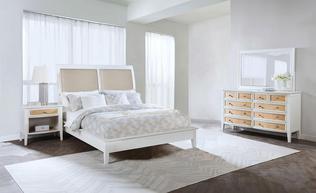 Coaster Home Furnishings Bexhill Farmhouse 4-Piece Bedroom Set Fabric Linen-Like Upholstered Queen Size Panel Bed Frame 56-inch Headboard White 223471Q-S4