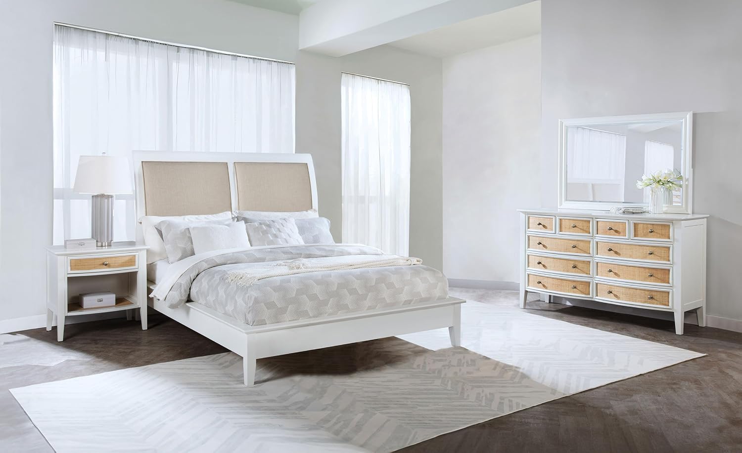 Coaster Home Furnishings Bexhill Farmhouse 4-Piece Bedroom Set Fabric Linen-Like Upholstered Queen Size Panel Bed Frame 56-inch Headboard White 223471Q-S4