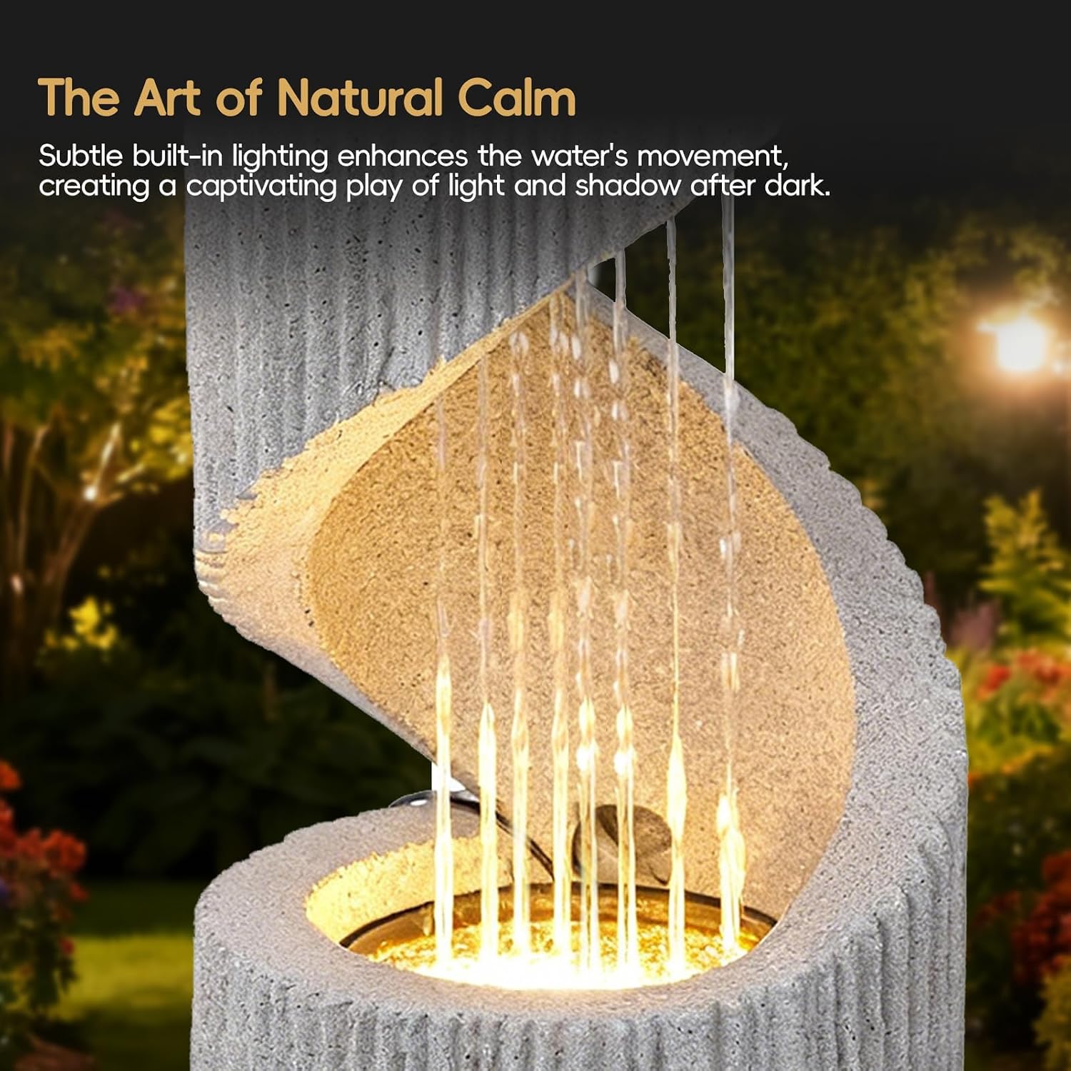 30' H Outdoor Water Fountain with LED Light, S-Shaped Modern Curved Outdoor Fountain, Spiral Column Fountain, Decorative Waterfall Feature with Flat Top Plant Display for Garden, Patio Decor